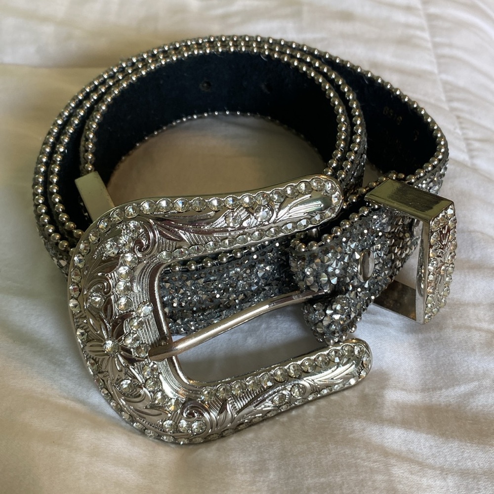 BKE Genuine Leather Black/Grey Belt with Rhinestones